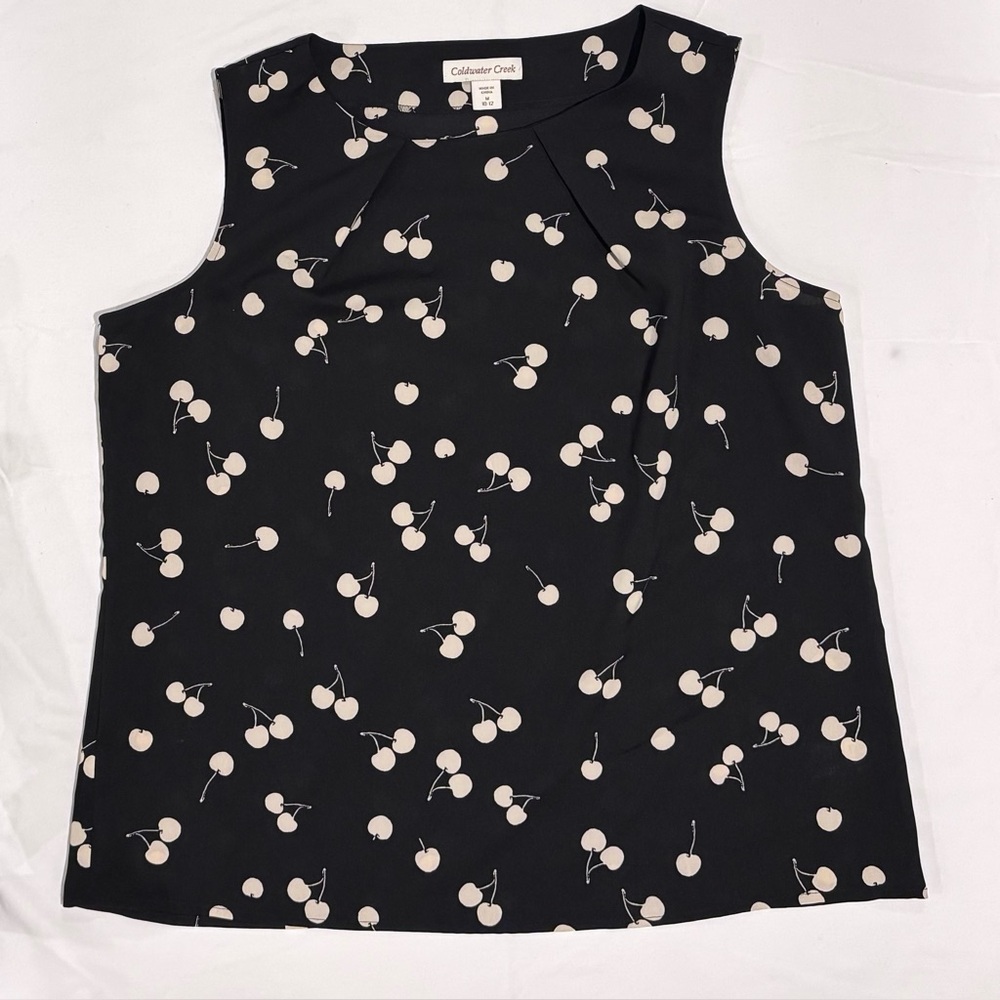 Coldwater Creek Black & Cream Cherry Print Sleeveless Shell Medium